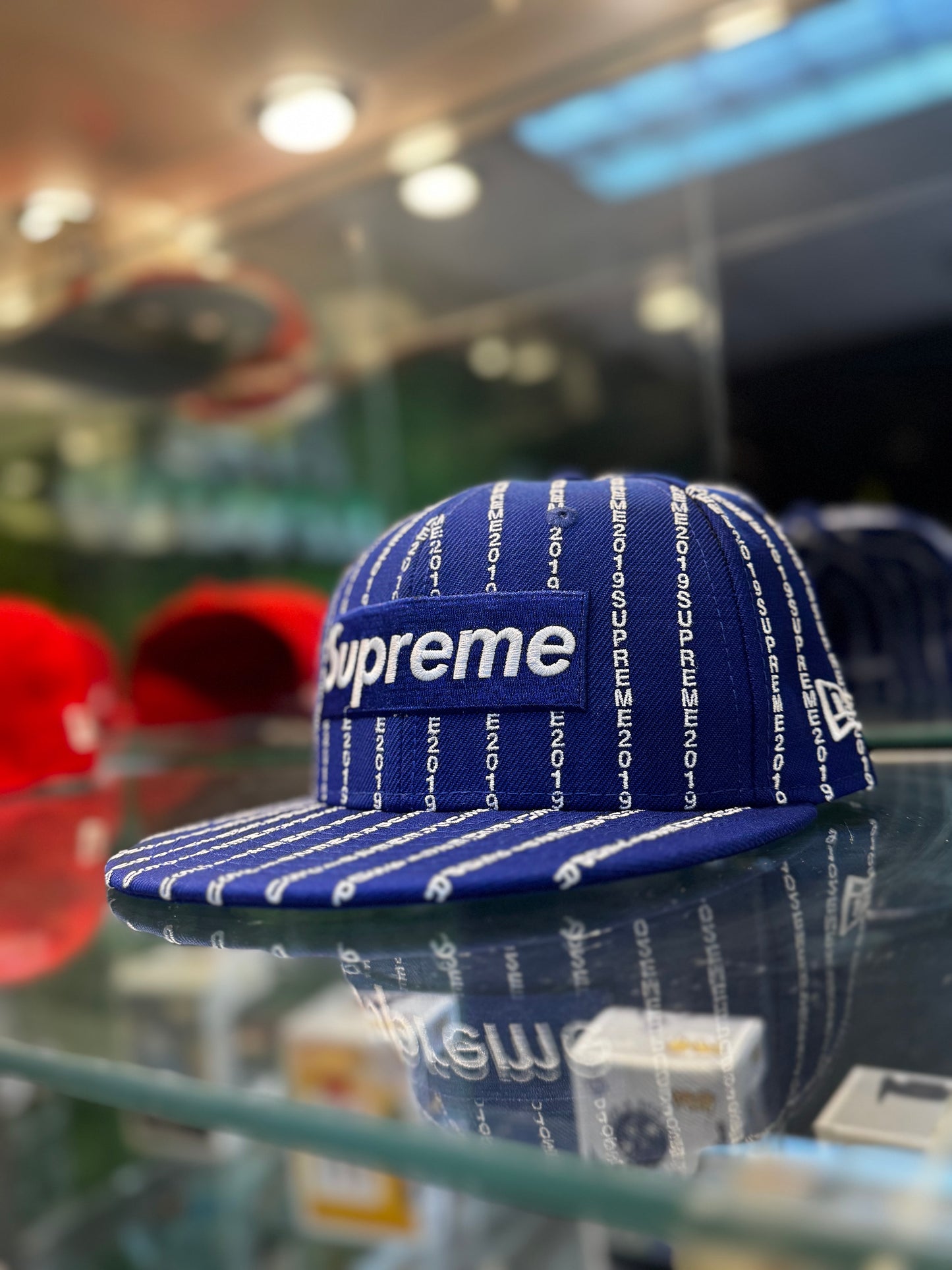 Supreme Text Stripe New Era Royal